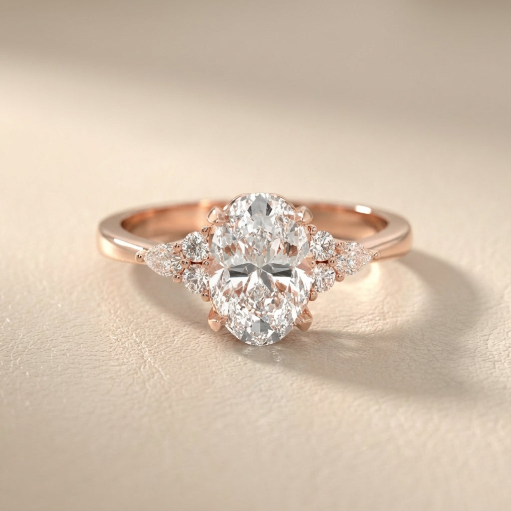 Oval Cut Lab Grown Diamond Three Stone Engagement Ring in Rose Gold