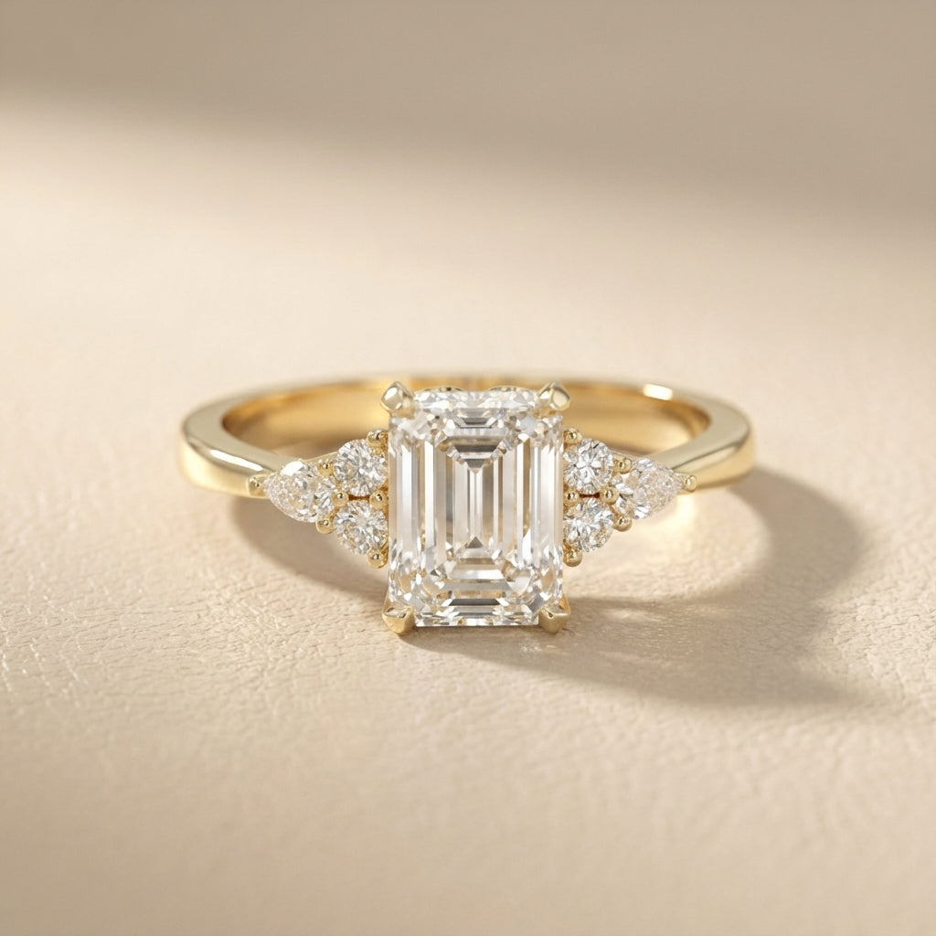 Emerald Cut Lab Grown Diamond Engagement Ring with side stone clusters set in Yellow Gold