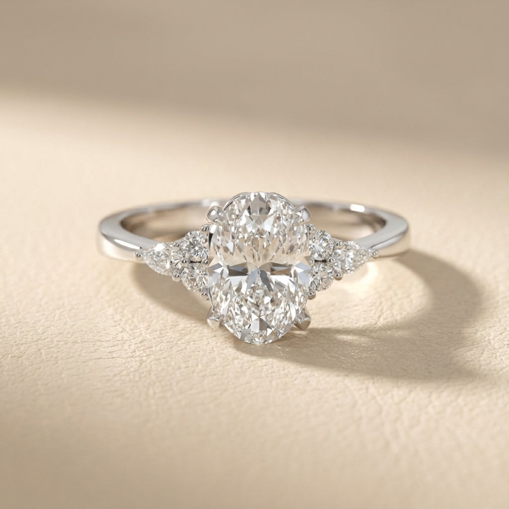 Oval Cut Lab Grown Diamond Three Stone Engagement Ring in White Gold