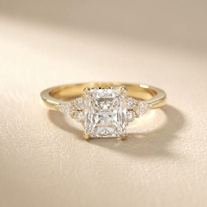 Radiant Cut Lab Grown Diamond Three Stone Engagement Ring in Yellow Gold