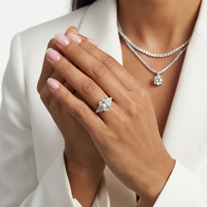 Asscher Cut Lab Grown Diamond Amelia Three Stone Engagement Ring in Rose Gold