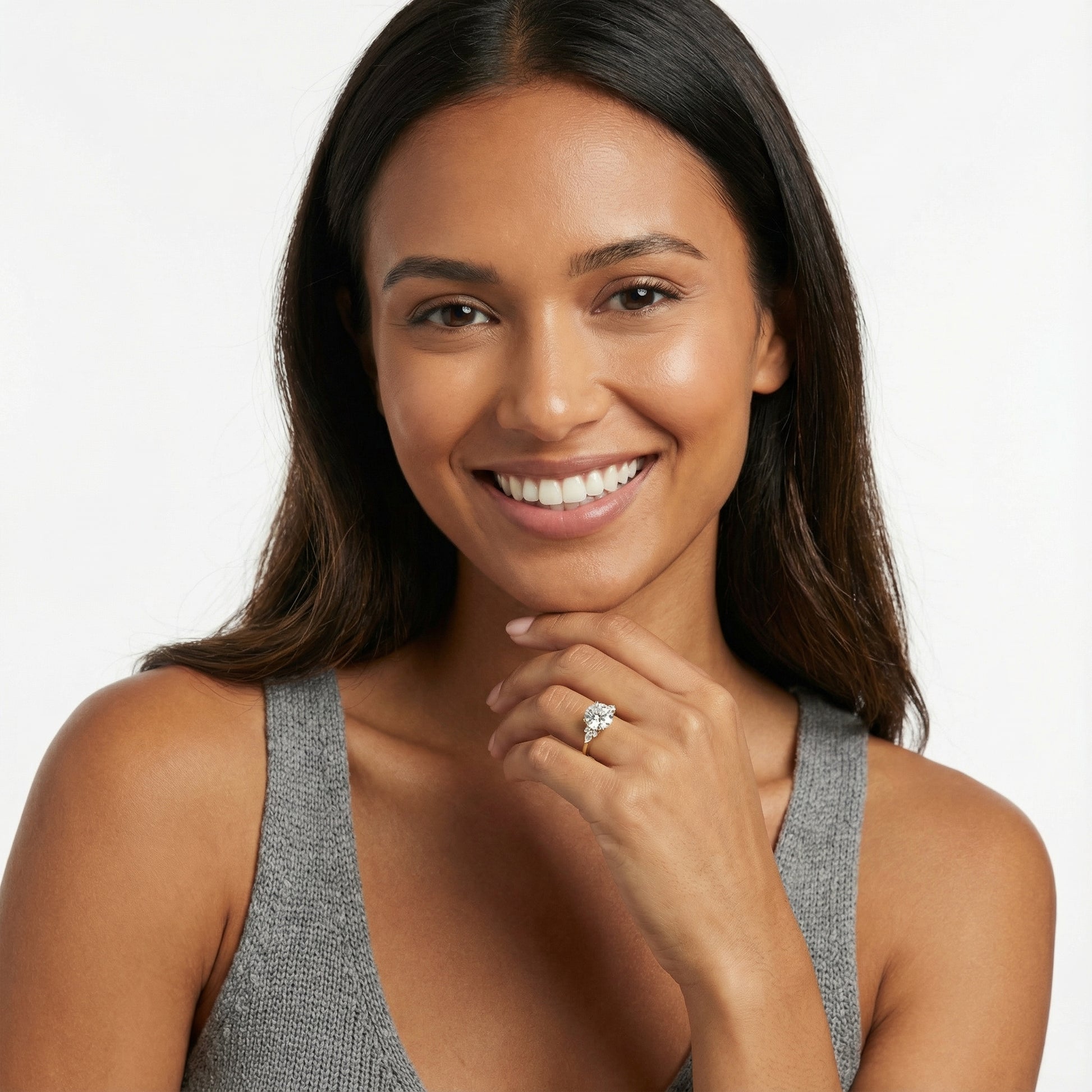 Round Cut Lab Grown Diamond Three Stone Engagement Ring in Yellow Gold