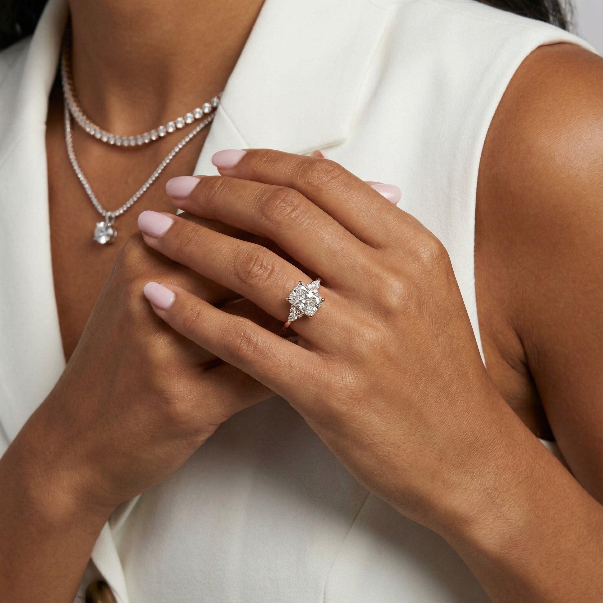 Radiant Cut Lab Grown Diamond Three Stone Engagement Ring in Rose Gold