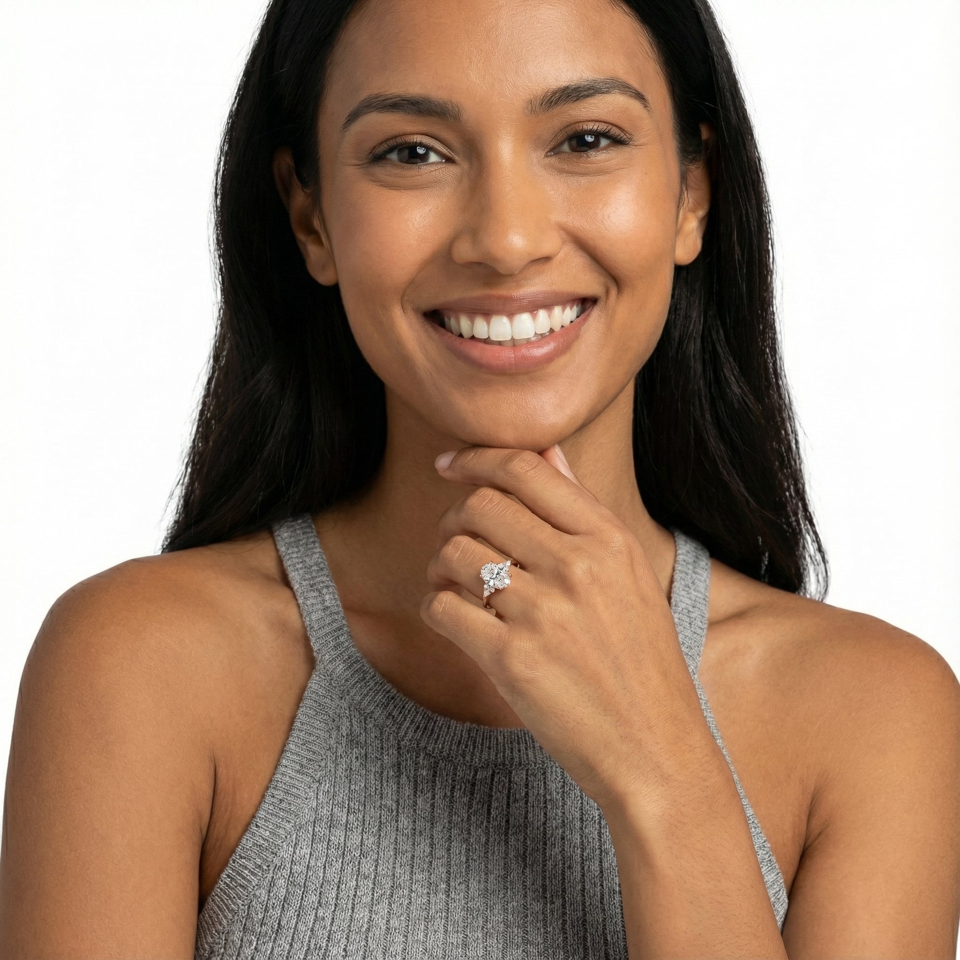 Oval Cut Lab Grown Diamond Three Stone Engagement Ring in Rose Gold