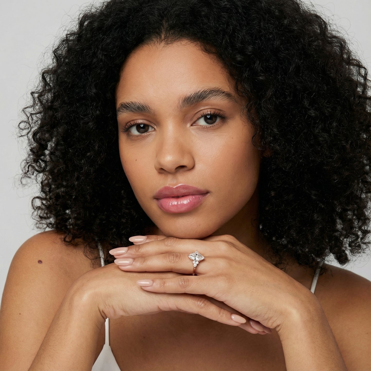 Marquise Cut Lab Grown Diamond Engagement Ring with side stone clusters set in Rose Gold