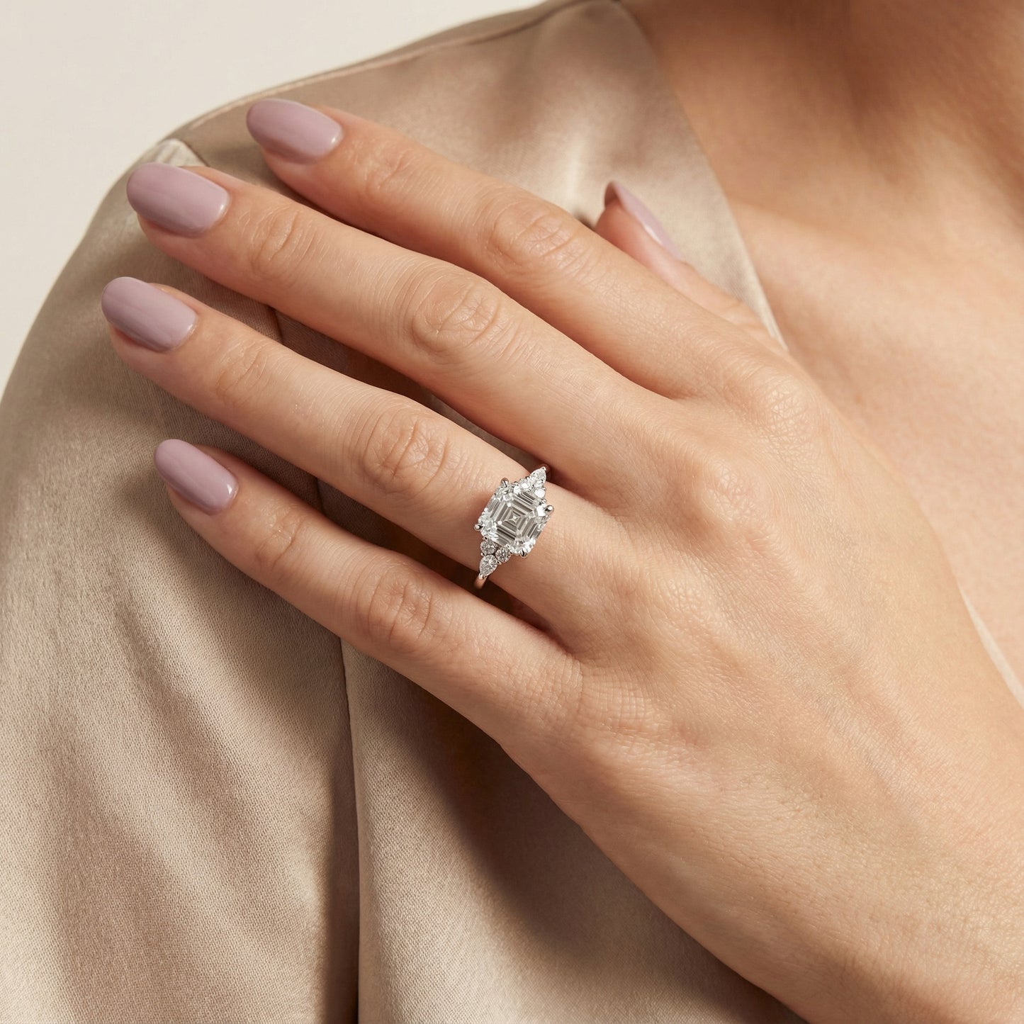 Asscher Cut Lab Grown Diamond Amelia Three Stone Engagement Ring in Platinum