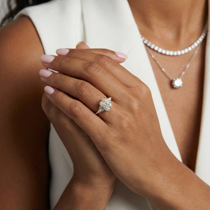 Radiant Cut Lab Grown Diamond Three Stone Engagement Ring in Yellow Gold