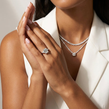 Emerald Cut Lab Grown Diamond Engagement Ring with side stone clusters set in Platinum