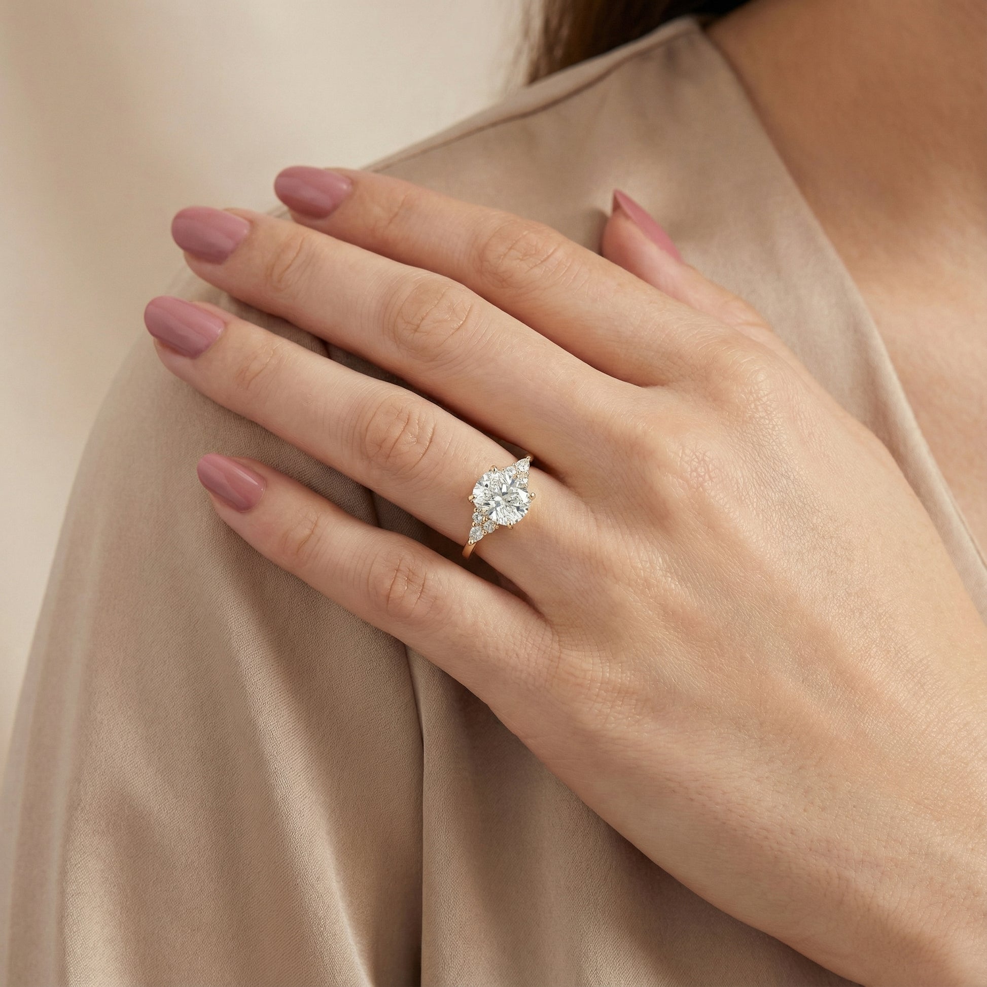 Cushion Cut Lab Grown Diamond Three Stone Engagement Ring in Yellow Gold