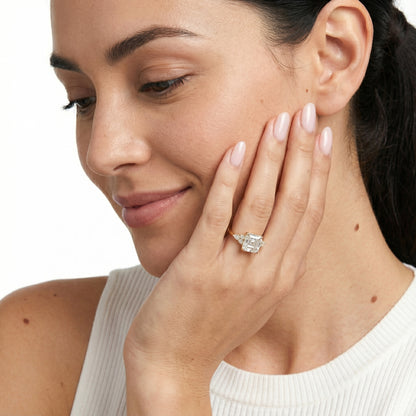 Asscher Cut Lab Grown Diamond Amelia Three Stone Engagement Ring in Yellow Gold