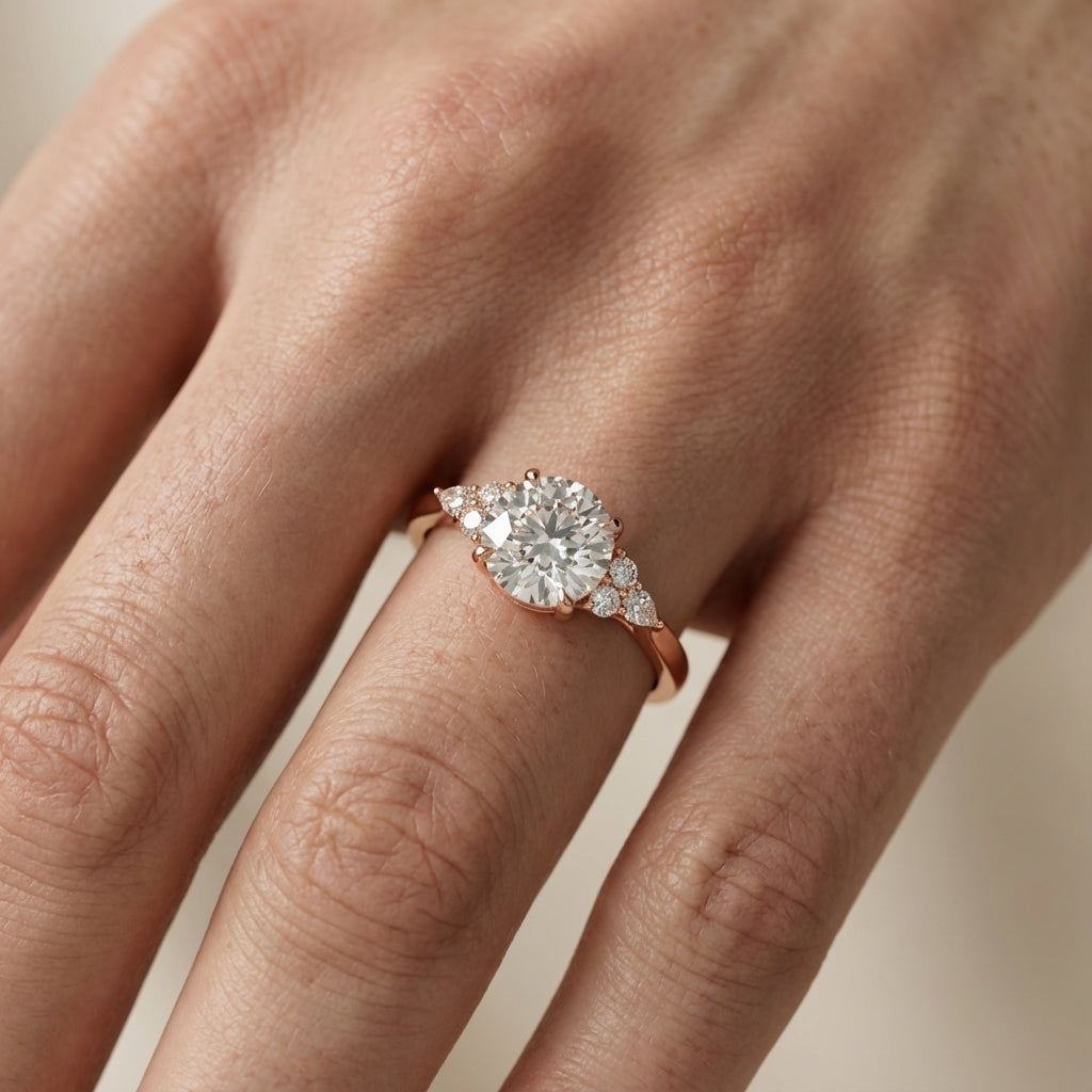 Round Cut Lab Grown Diamond Three Stone Engagement Ring in Rose Gold