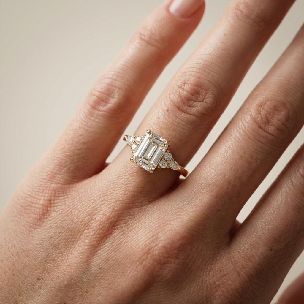 Emerald Cut Lab Grown Diamond Engagement Ring with side stone clusters set in Yellow Gold