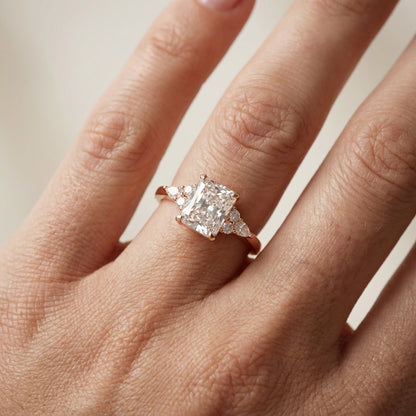 Radiant Cut Lab Grown Diamond Three Stone Engagement Ring in Rose Gold