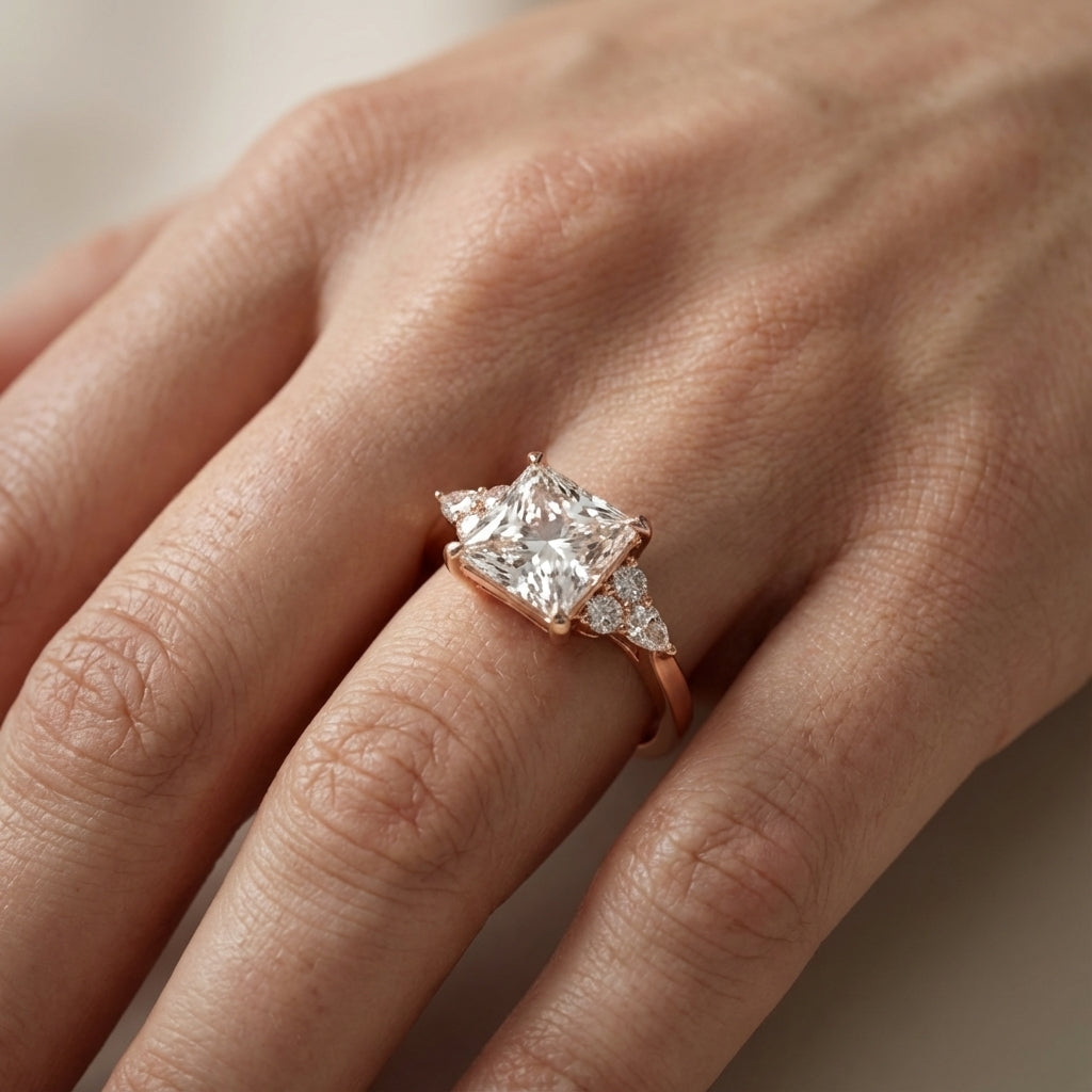 Princess Cut Lab Grown Diamond Engagement Ring in Rose Gold with side stone accents