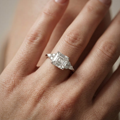 Asscher Cut Lab Grown Diamond Amelia Three Stone Engagement Ring in Platinum