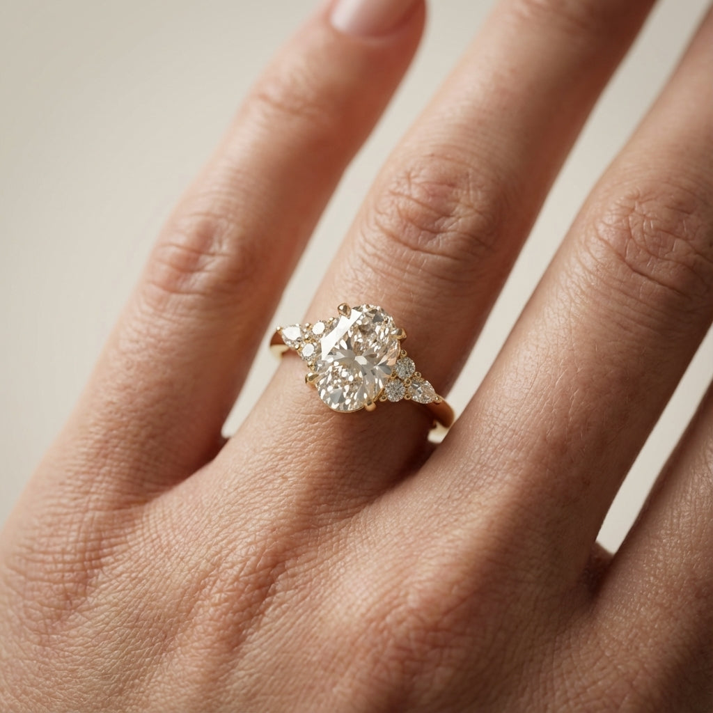 Oval Cut Lab Grown Diamond Three Stone Engagement Ring in Yellow Gold