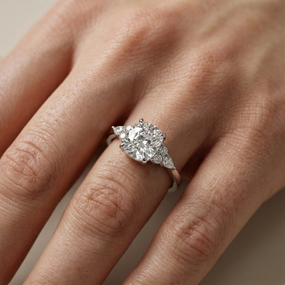 Cushion Cut Lab Grown Diamond Three Stone Engagement Ring in White Gold