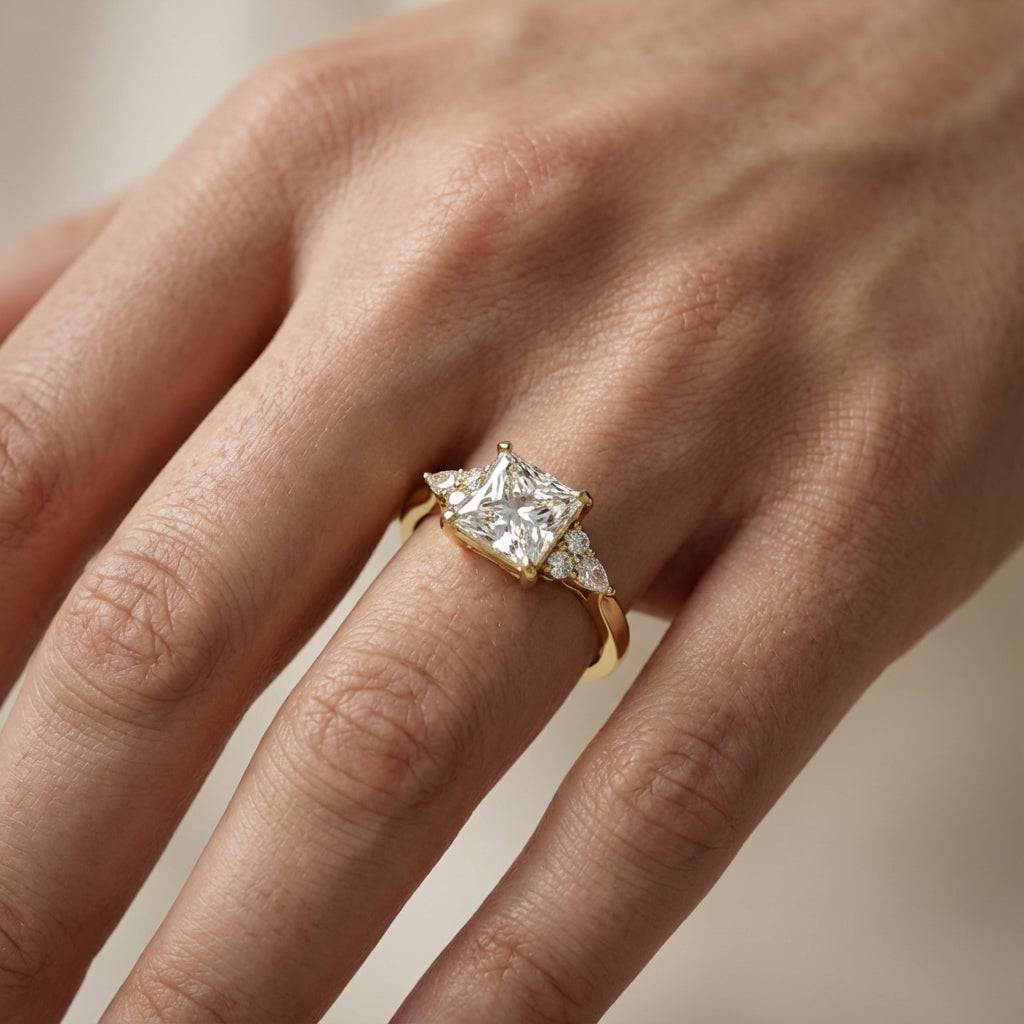 Princess Cut Lab Grown Diamond Engagement Ring in Yellow Gold with side stone accents