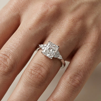 Radiant Cut Lab Grown Diamond Three Stone Engagement Ring in Silver