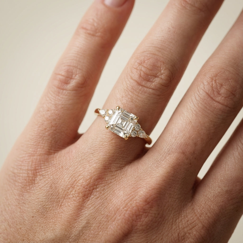 Asscher Cut Lab Grown Diamond Amelia Three Stone Engagement Ring in Yellow Gold