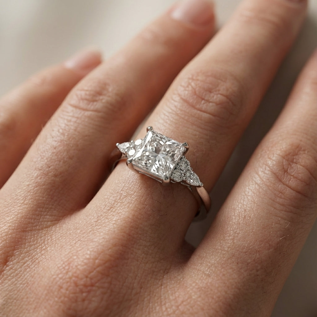 Princess Cut Lab Grown Diamond Engagement Ring in Silver with side stone accents