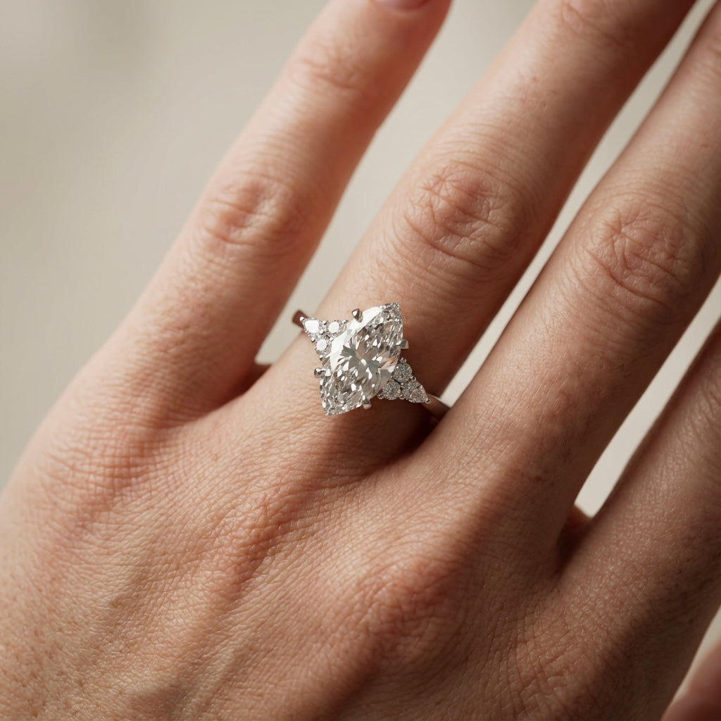 Marquise Cut Lab Grown Diamond Engagement Ring with side stone clusters set in Silver