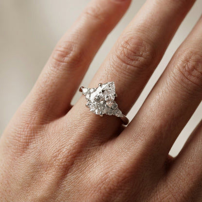 Pear Cut Lab Grown Diamond Three Stone Engagement Ring in Silver