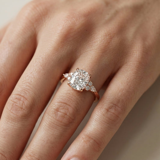 Cushion Cut Lab Grown Diamond Three Stone Engagement Ring in Rose Gold