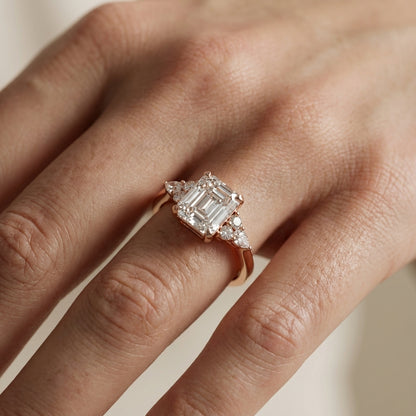 Asscher Cut Lab Grown Diamond Amelia Three Stone Engagement Ring in Rose Gold