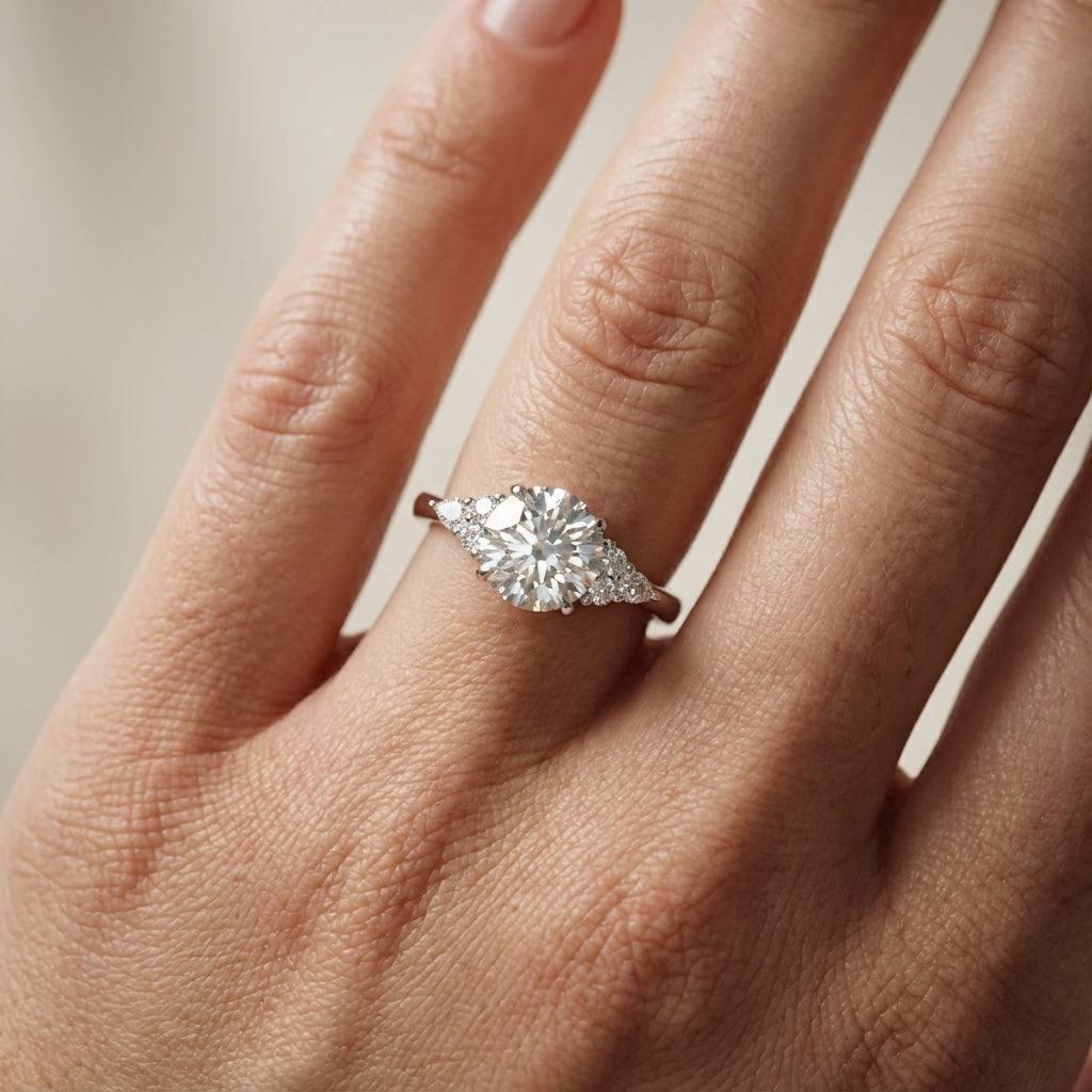 Round Cut Lab Grown Diamond Three Stone Engagement Ring in Silver