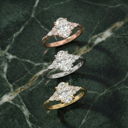 Oval Cut Lab Grown Diamond Three Stone Engagement Ring in Rose Gold