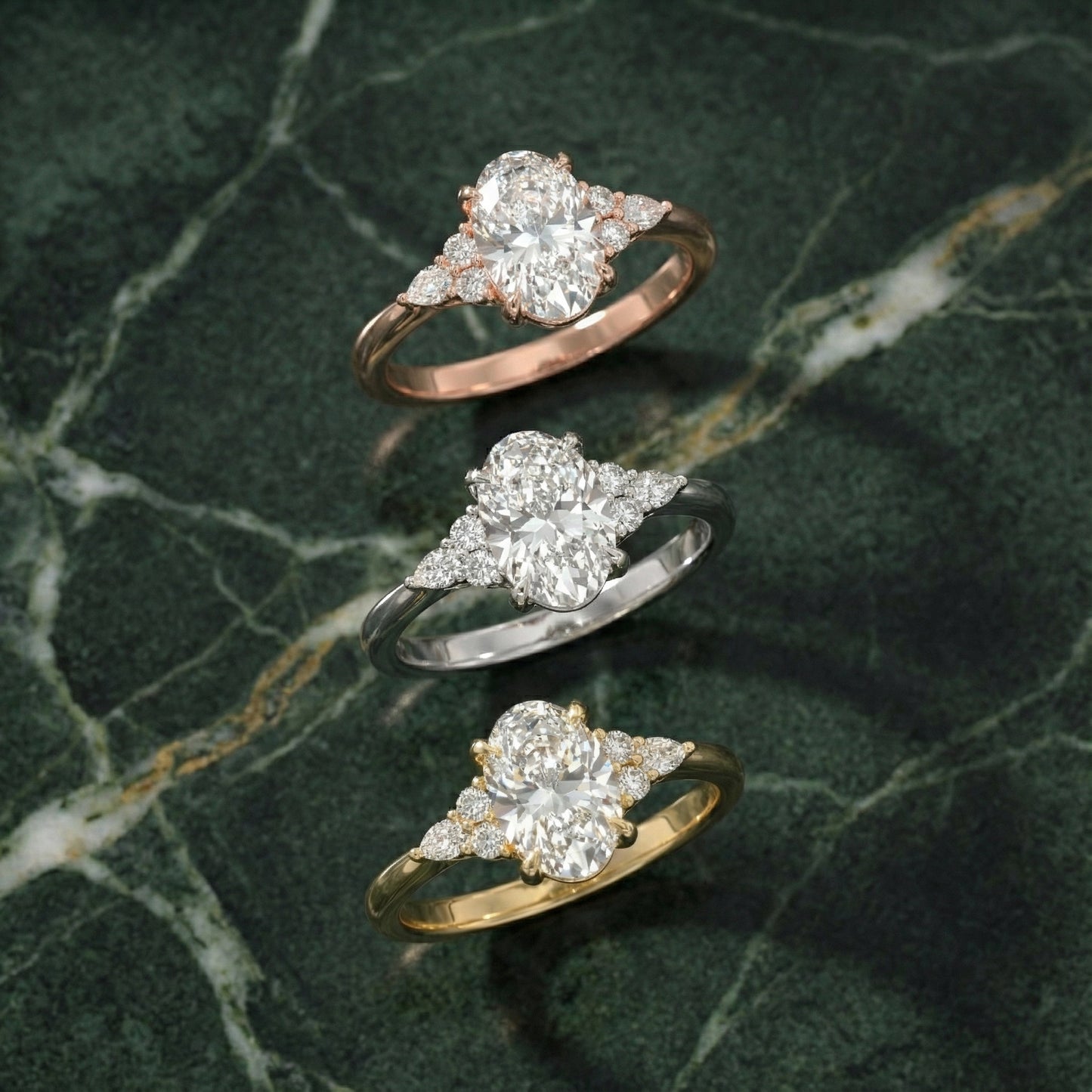 Oval Cut Lab Grown Diamond Three Stone Engagement Ring in Yellow Gold