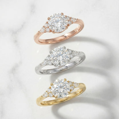 Round Cut Lab Grown Diamond Three Stone Engagement Ring in Yellow Gold