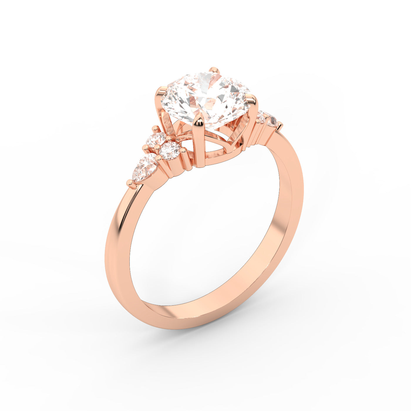 Round Cut Lab Grown Diamond Three Stone Engagement Ring in Rose Gold