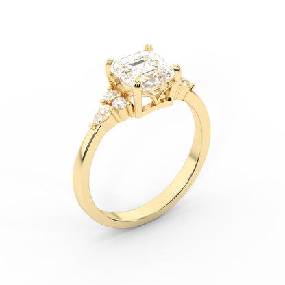 Asscher Cut Lab Grown Diamond Amelia Three Stone Engagement Ring in Yellow Gold
