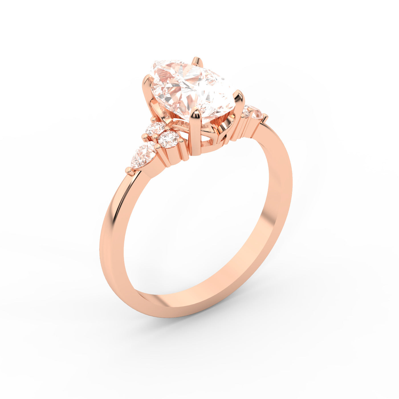 Pear Cut Lab Grown Diamond Three Stone Engagement Ring in Rose Gold