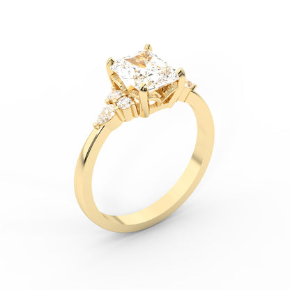 Radiant Cut Lab Grown Diamond Three Stone Engagement Ring in Yellow Gold