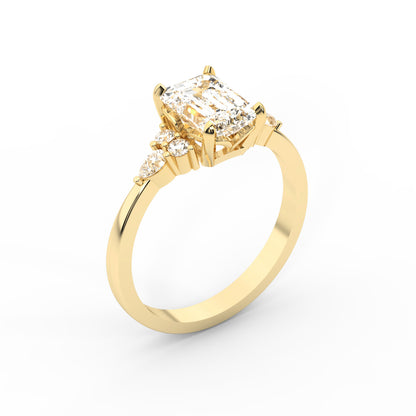 Emerald Cut Lab Grown Diamond Engagement Ring with side stone clusters set in Yellow Gold