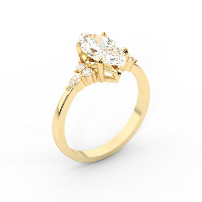 Marquise Cut Lab Grown Diamond Engagement Ring with side stone clusters set in Yellow Gold