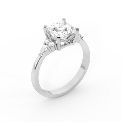 Princess Cut Lab Grown Diamond Engagement Ring in Silver with side stone accents