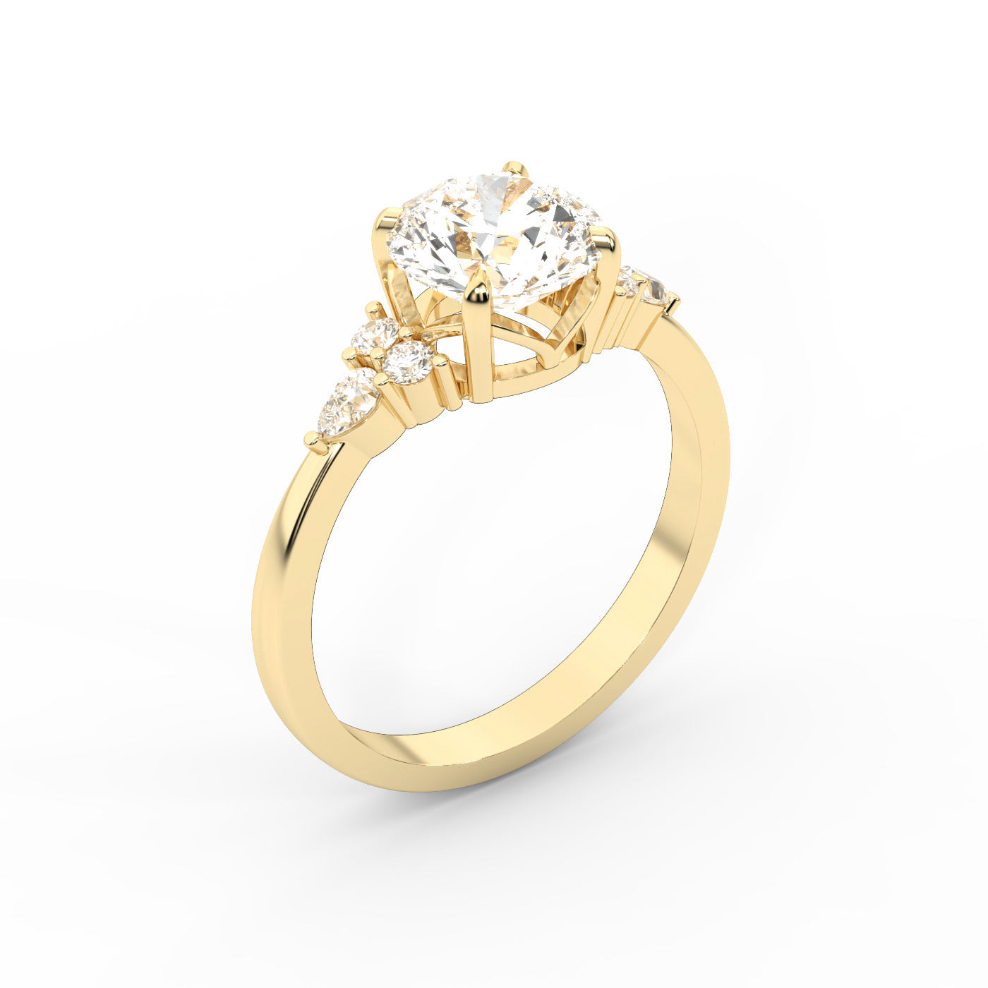 Round Cut Lab Grown Diamond Three Stone Engagement Ring in Yellow Gold