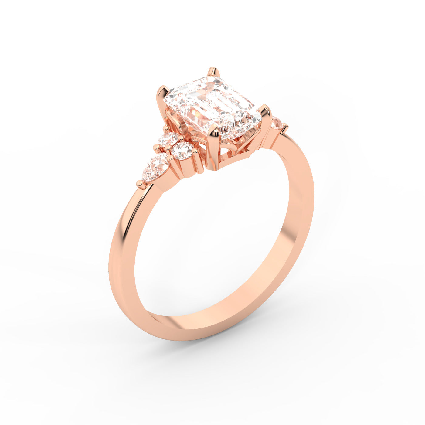 Emerald Cut Lab Grown Diamond Engagement Ring with side stone clusters set in Rose Gold