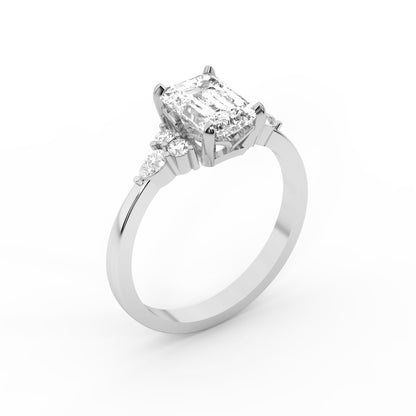 Emerald Cut Lab Grown Diamond Engagement Ring with side stone clusters set in White Gold