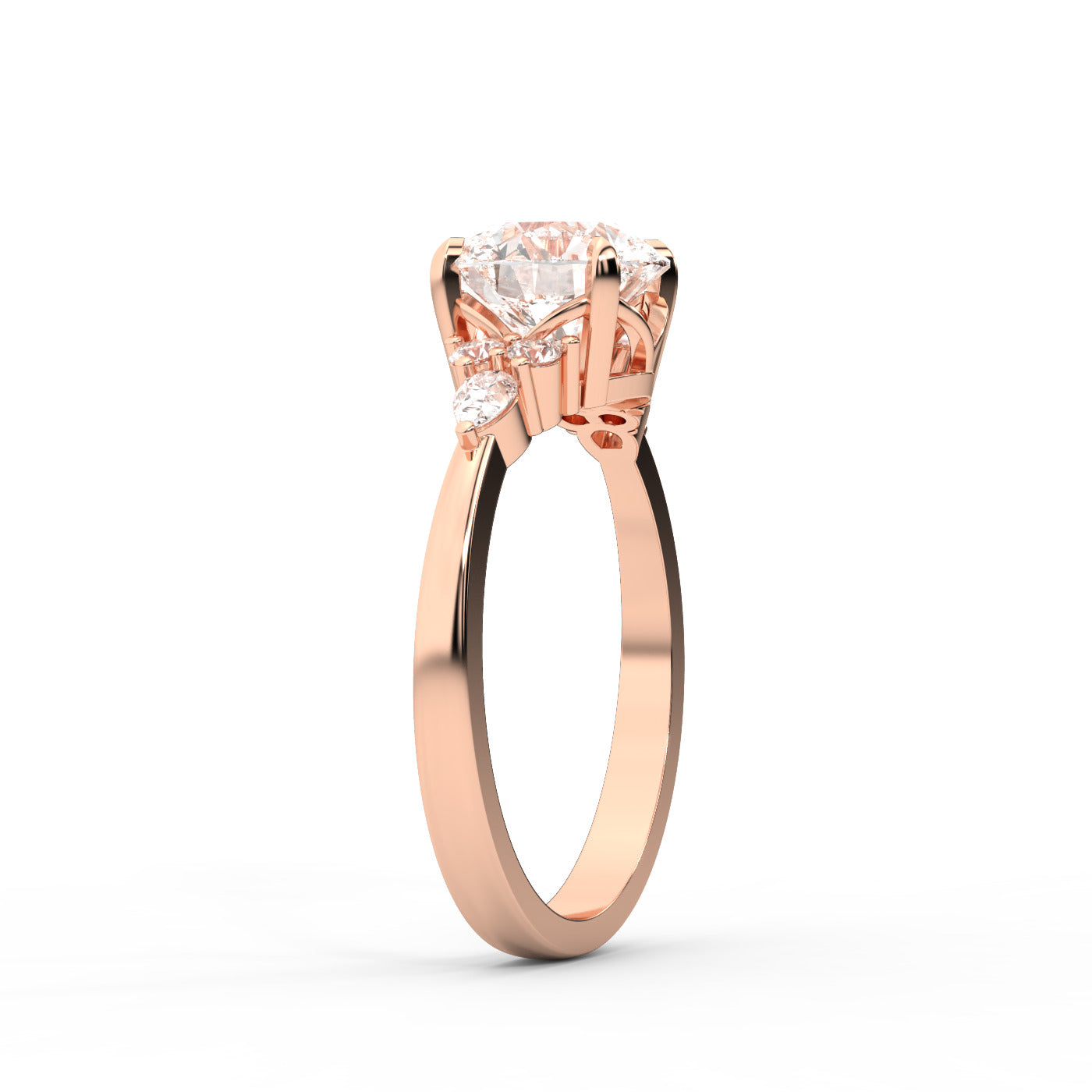 Round Cut Lab Grown Diamond Three Stone Engagement Ring in Rose Gold