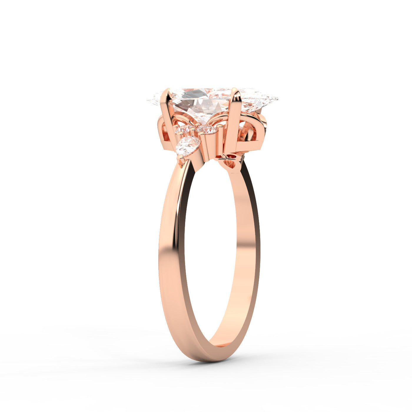 Marquise Cut Lab Grown Diamond Engagement Ring with side stone clusters set in Rose Gold