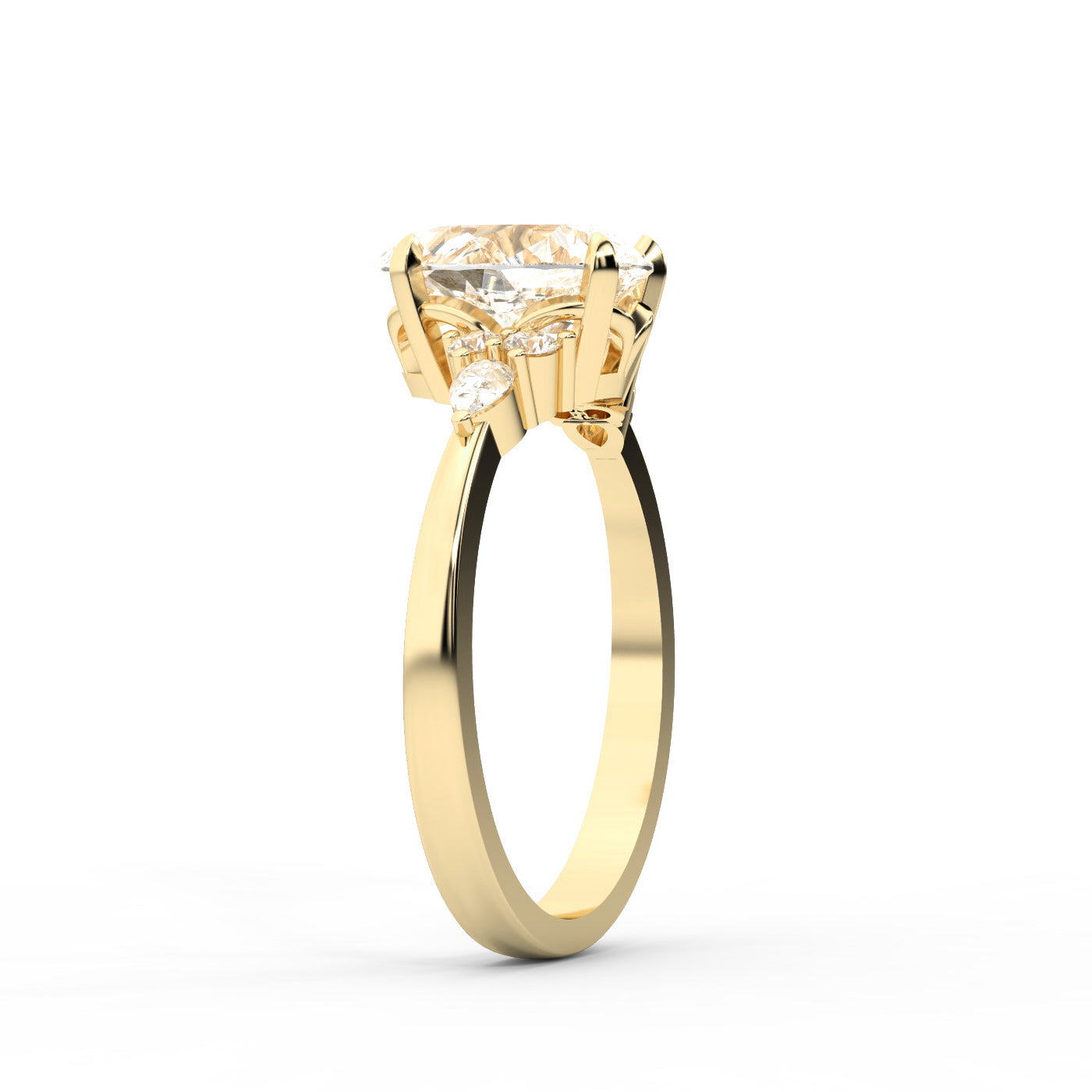 Pear Cut Lab Grown Diamond Three Stone Engagement Ring in Yellow Gold