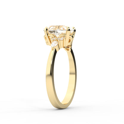 Pear Cut Lab Grown Diamond Three Stone Engagement Ring in Yellow Gold
