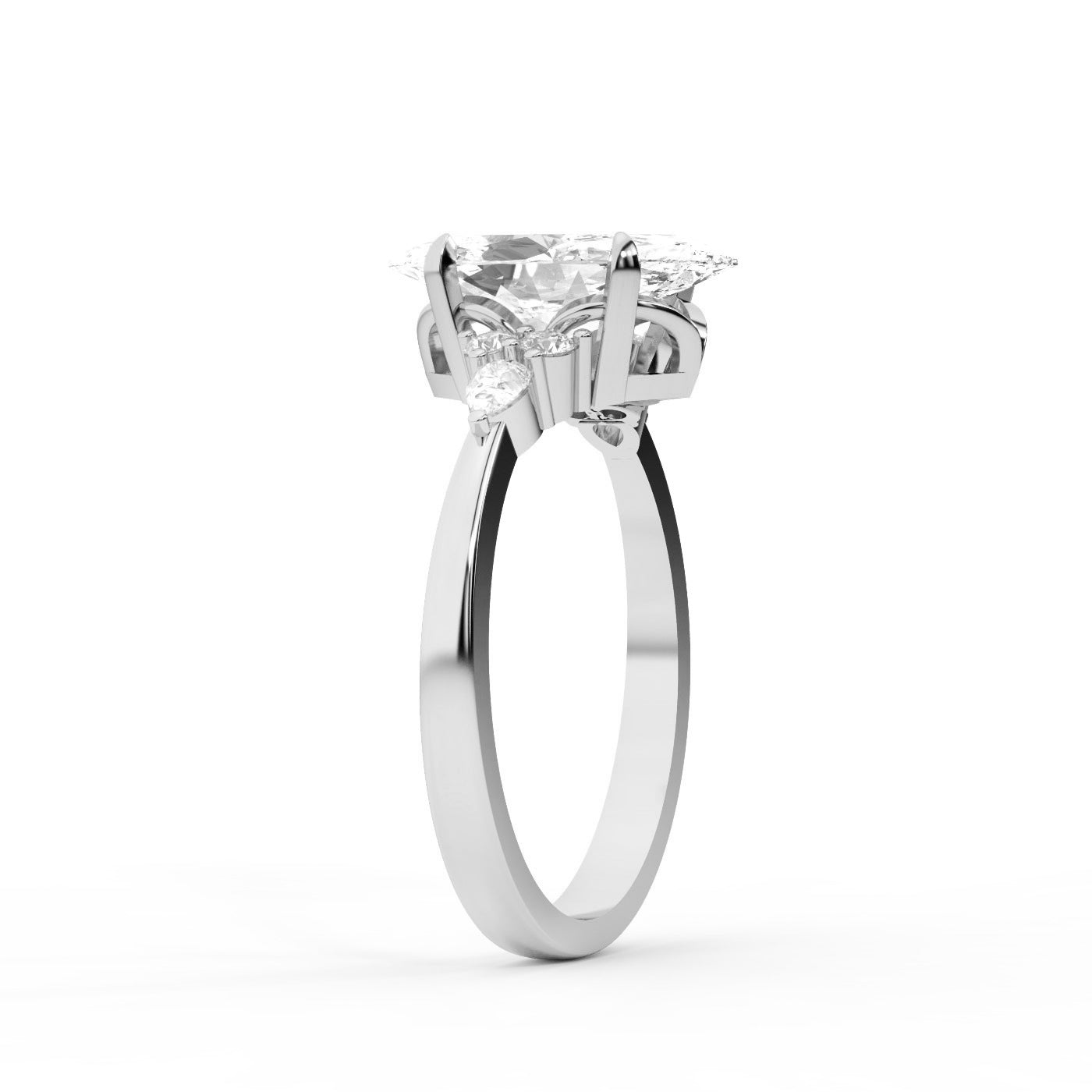 Marquise Cut Lab Grown Diamond Engagement Ring with side stone clusters set in White Gold
