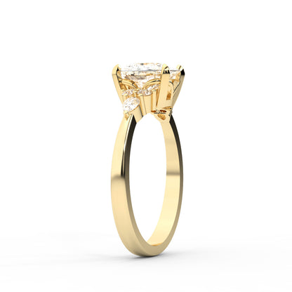 Cushion Cut Lab Grown Diamond Three Stone Engagement Ring in Yellow Gold