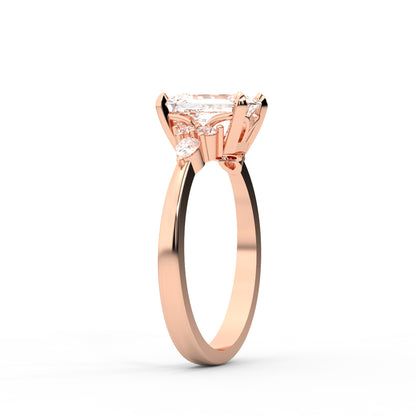 Emerald Cut Lab Grown Diamond Engagement Ring with side stone clusters set in Rose Gold